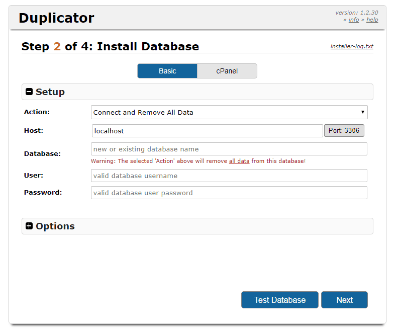 Duplicator vraagt om de database gegevens
