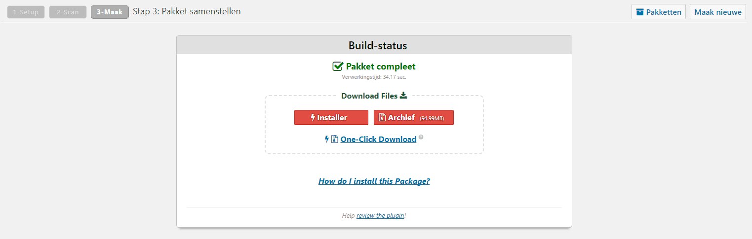Het bouwen van het duplicator pakket is compleet en de bestanden kunnen gedownload worden