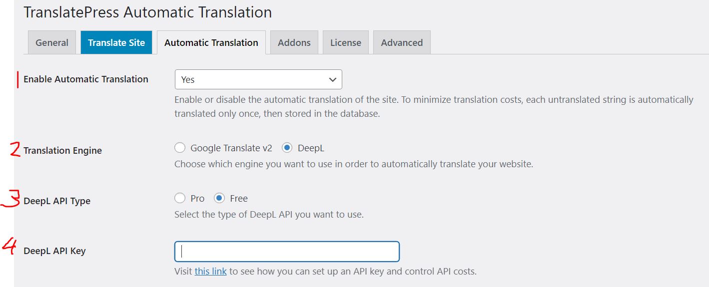 translatepress instellingen automatic translation deepl